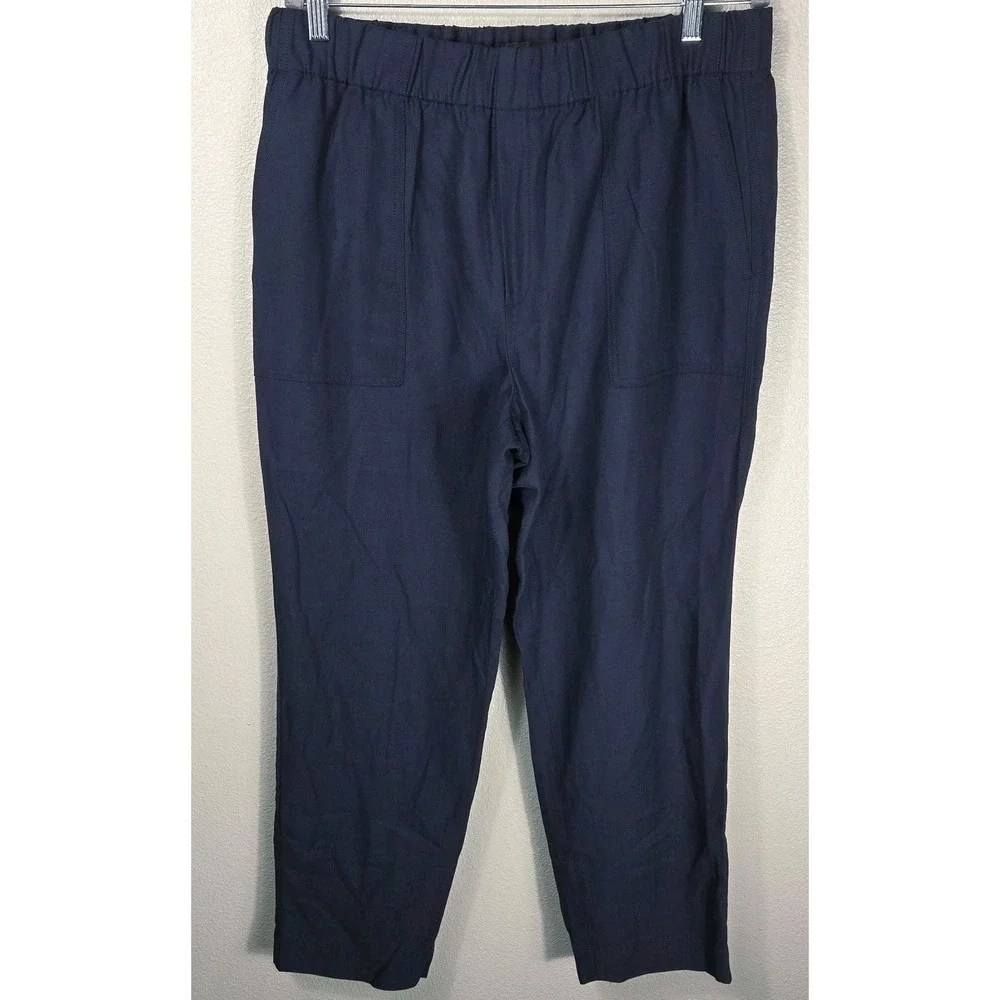 Banana Republic Tall Linen Lyocell Pants‎ Navy Blue Pull On Straight Leg L
